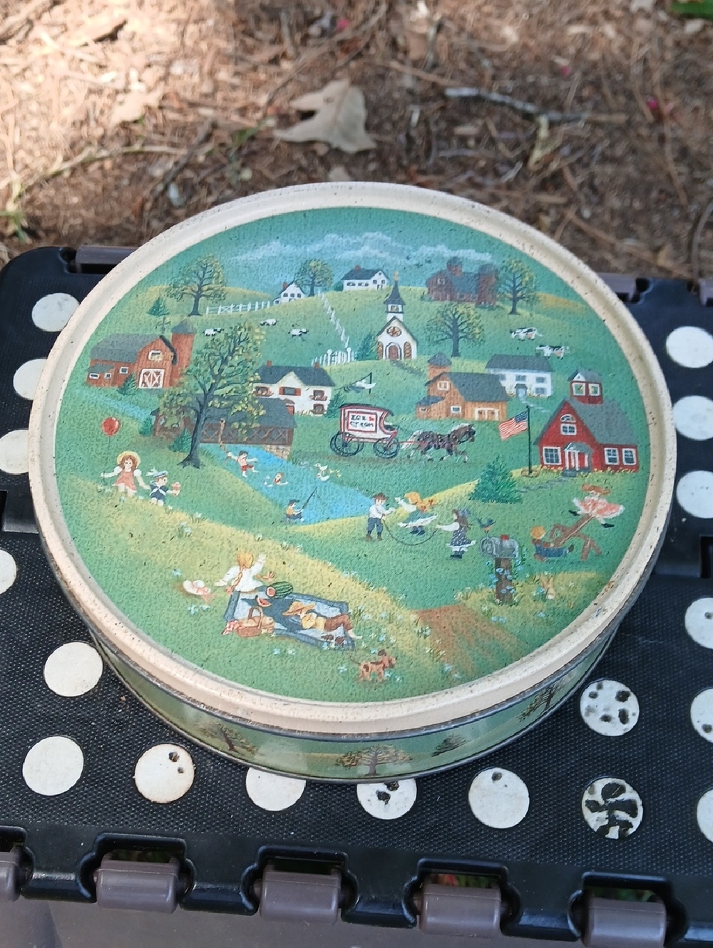 Vintage Scenic Metal Tin - Green Country Village Illustration 6"×2"